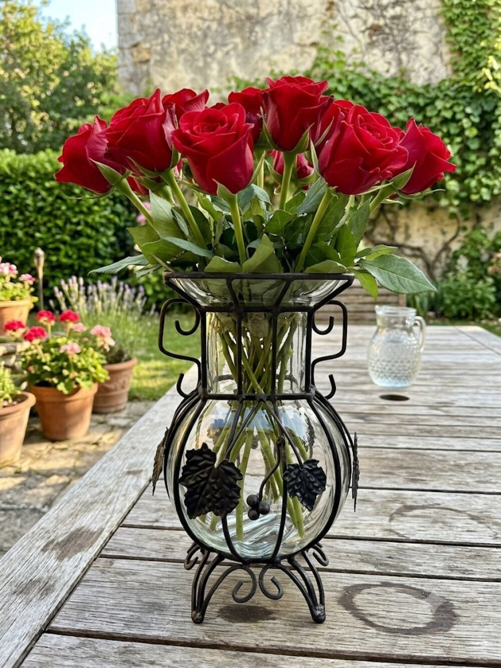 Vintage Wrought Iron Caged Handblown Bubble Glass Vase Grape leave GORGEOUS!!
